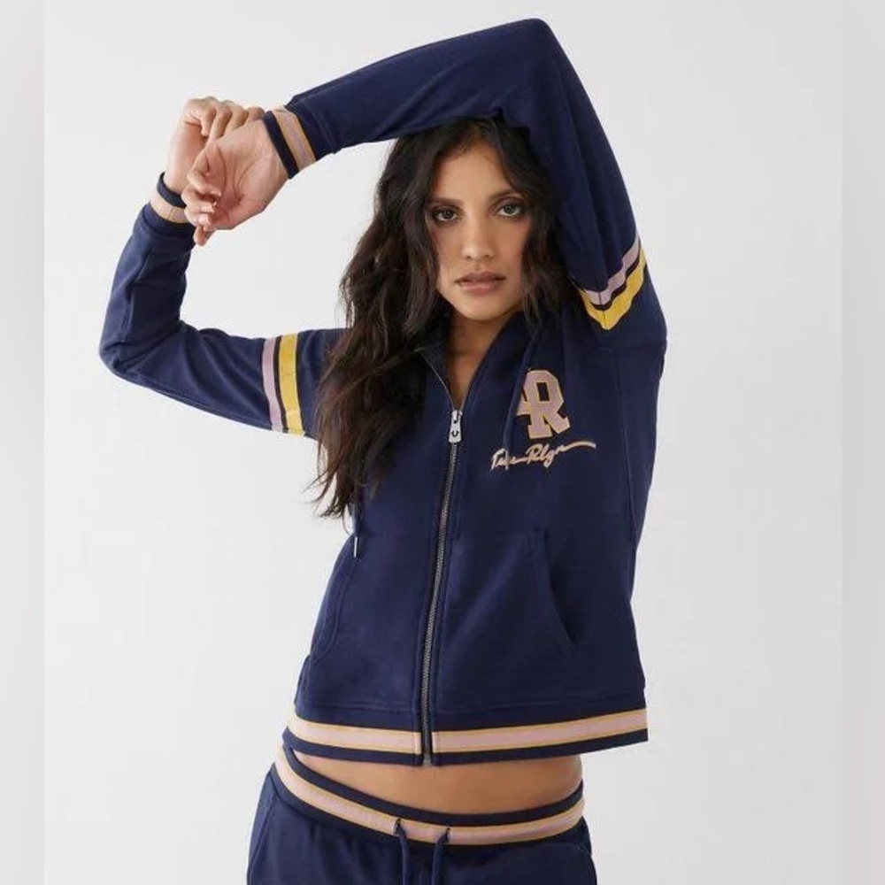 True Religion Varsity Hoodie in Navy and Gold